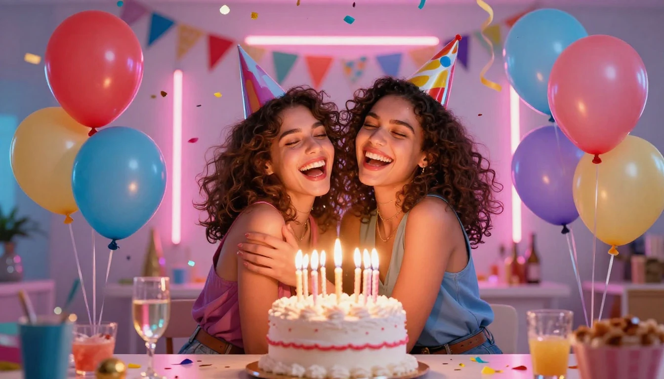 A vibrant and joyful birthday party scene with colorful floa...