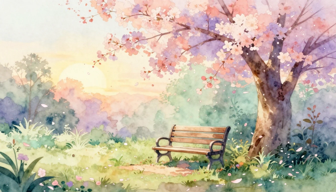 A beautiful watercolor painting of a tranquil garden at suns...