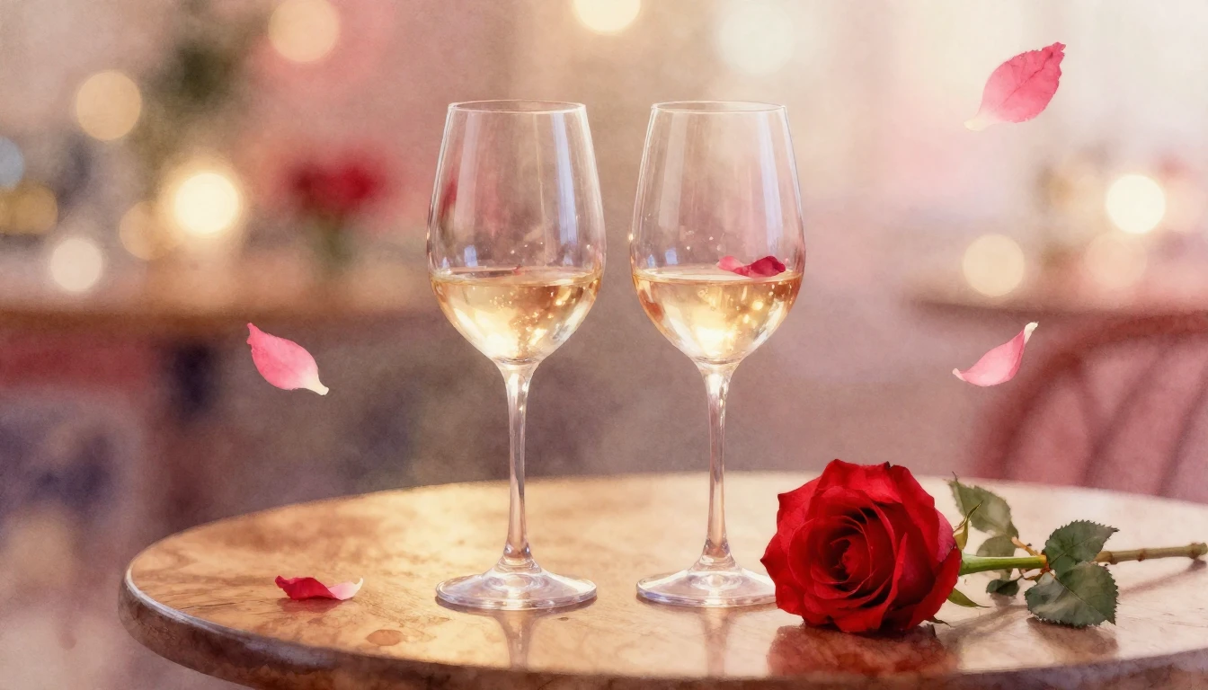 A dreamy watercolor painting of two elegant wine glasses sit...