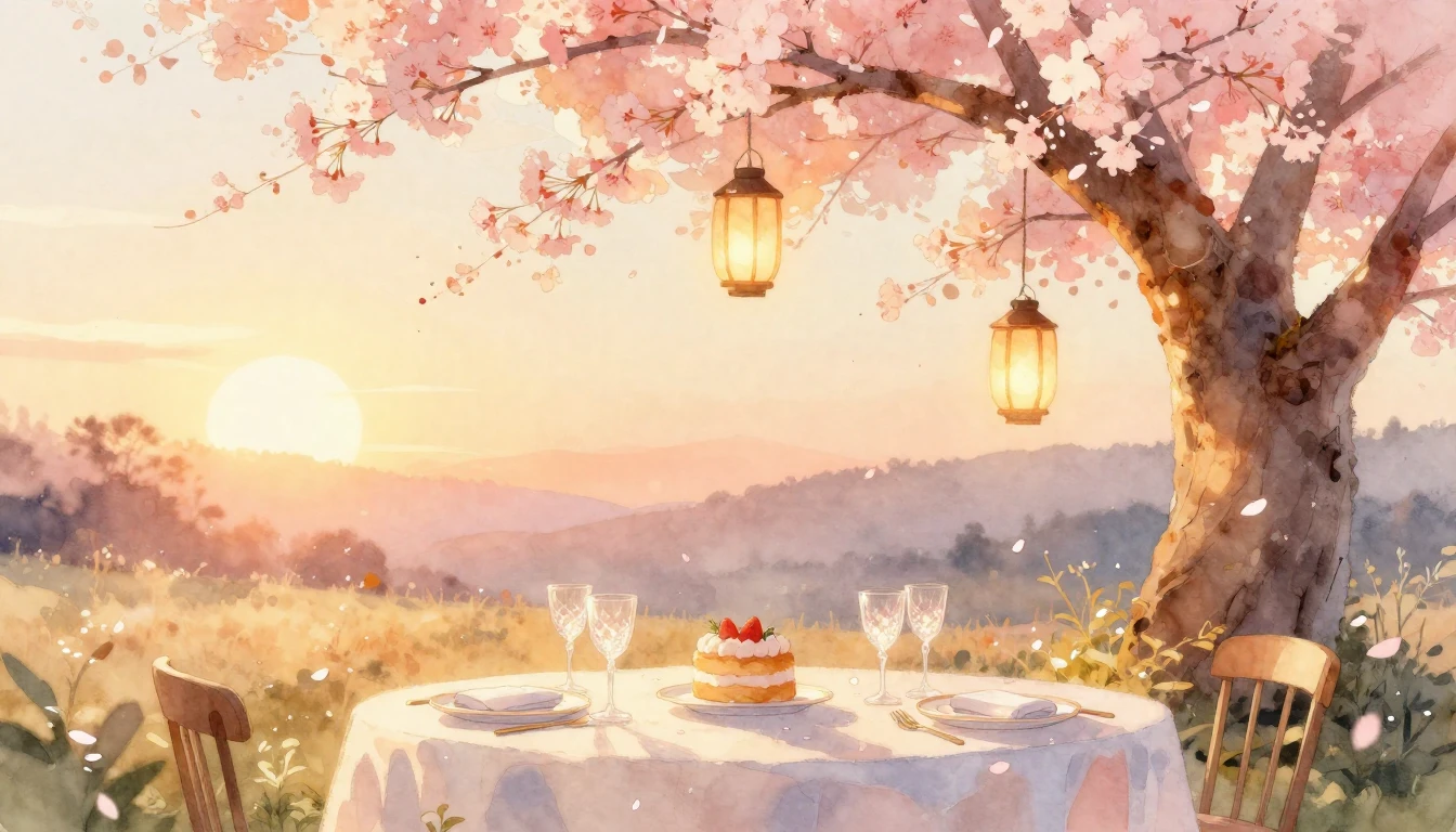 A beautiful watercolor painting of a festive table setting o...