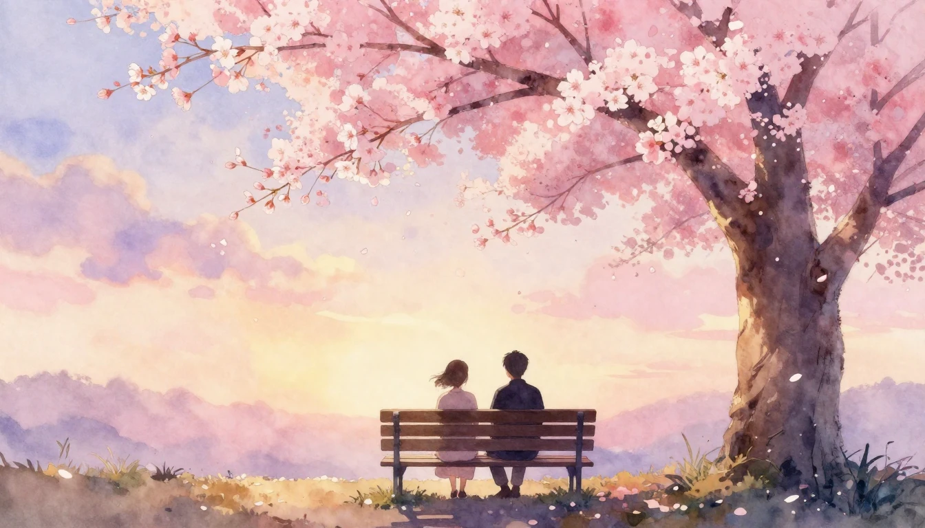 A beautiful watercolor painting of two silhouettes sitting o...
