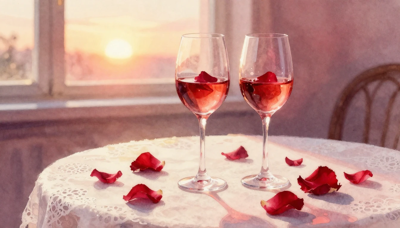 A soft watercolor painting of two elegant wine glasses sitti...