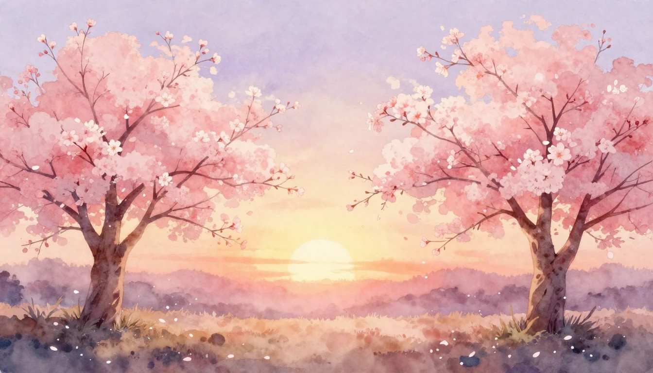 A soft watercolor painting of two delicate cherry blossom tr...