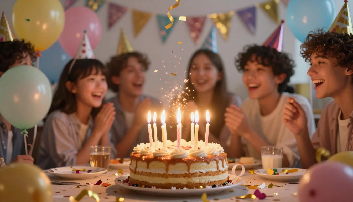 A vibrant and festive birthday celebration scene featuring a...