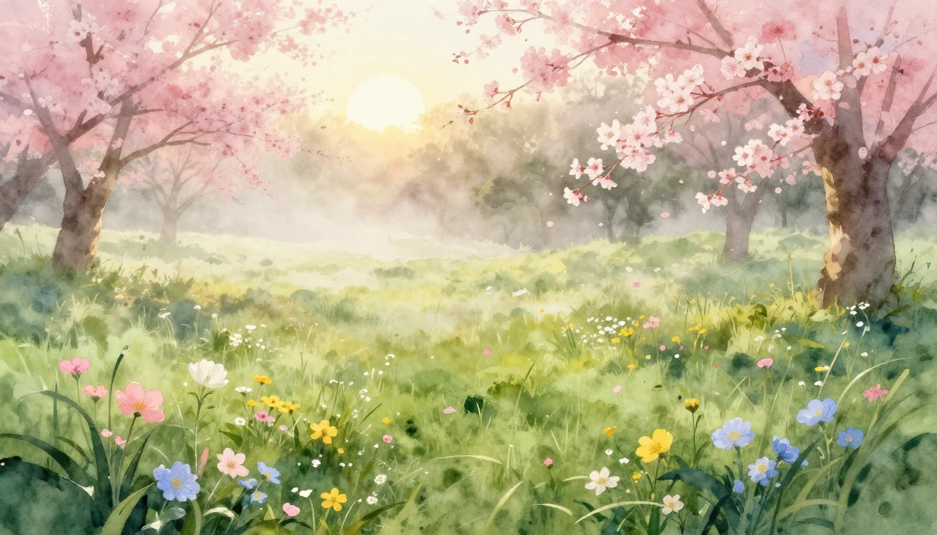 A beautiful watercolor painting of a lush green meadow at da...