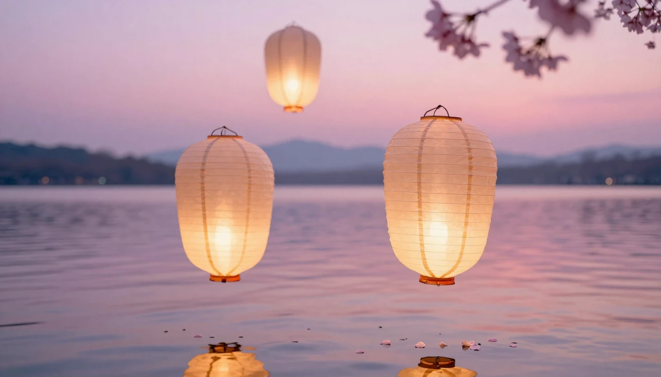 A dreamy and ethereal scene featuring two delicate paper lan...