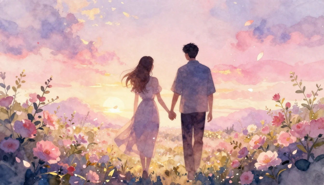 A dreamy watercolor painting of two silhouettes walking hand...