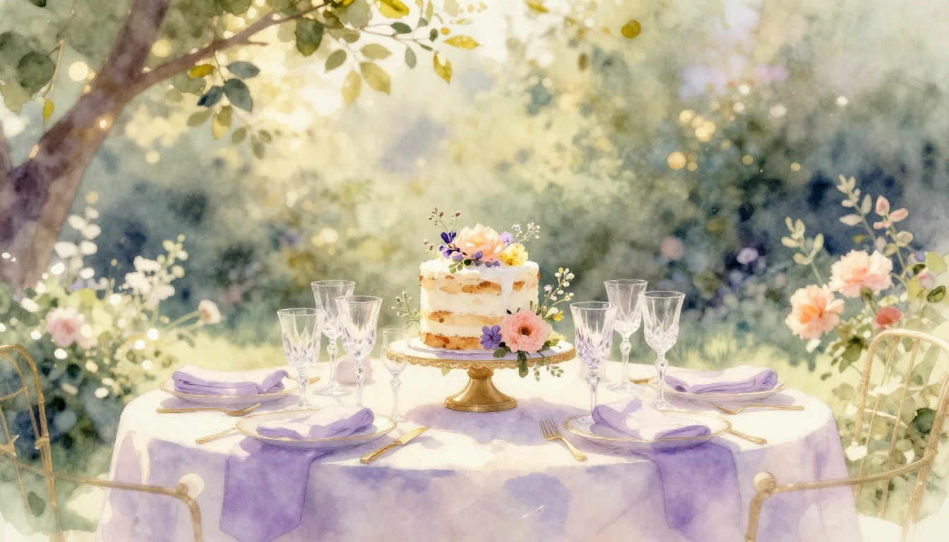 A dreamlike watercolor painting of a beautifully set table i...