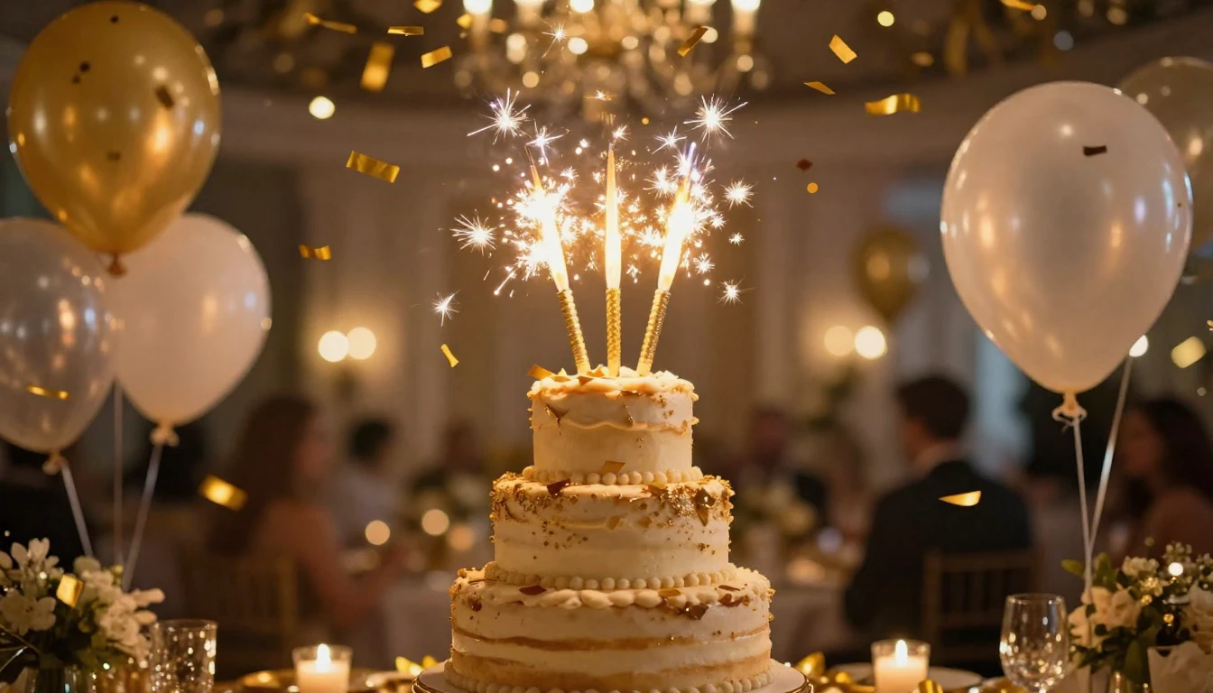 A luxurious celebration scene featuring golden confetti fall...