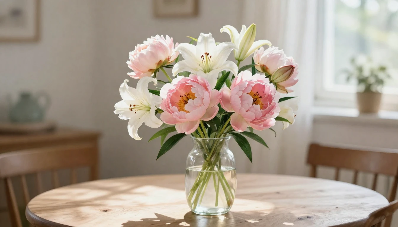 A delicate watercolor painting depicting a soft bouquet of p...