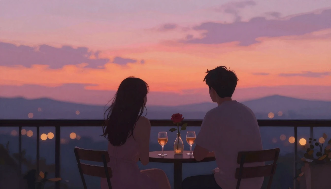 A romantic and dreamy scene of two silhouettes sitting toget...