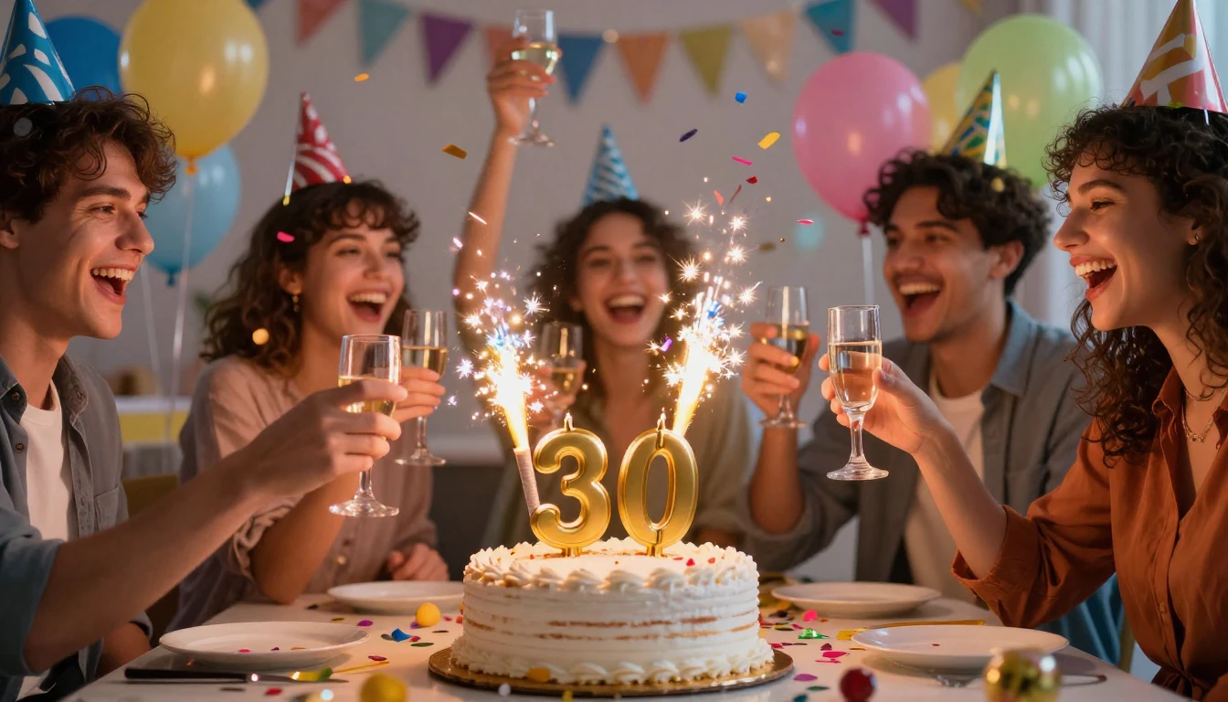 A vibrant and joyful birthday celebration scene. A delicious...