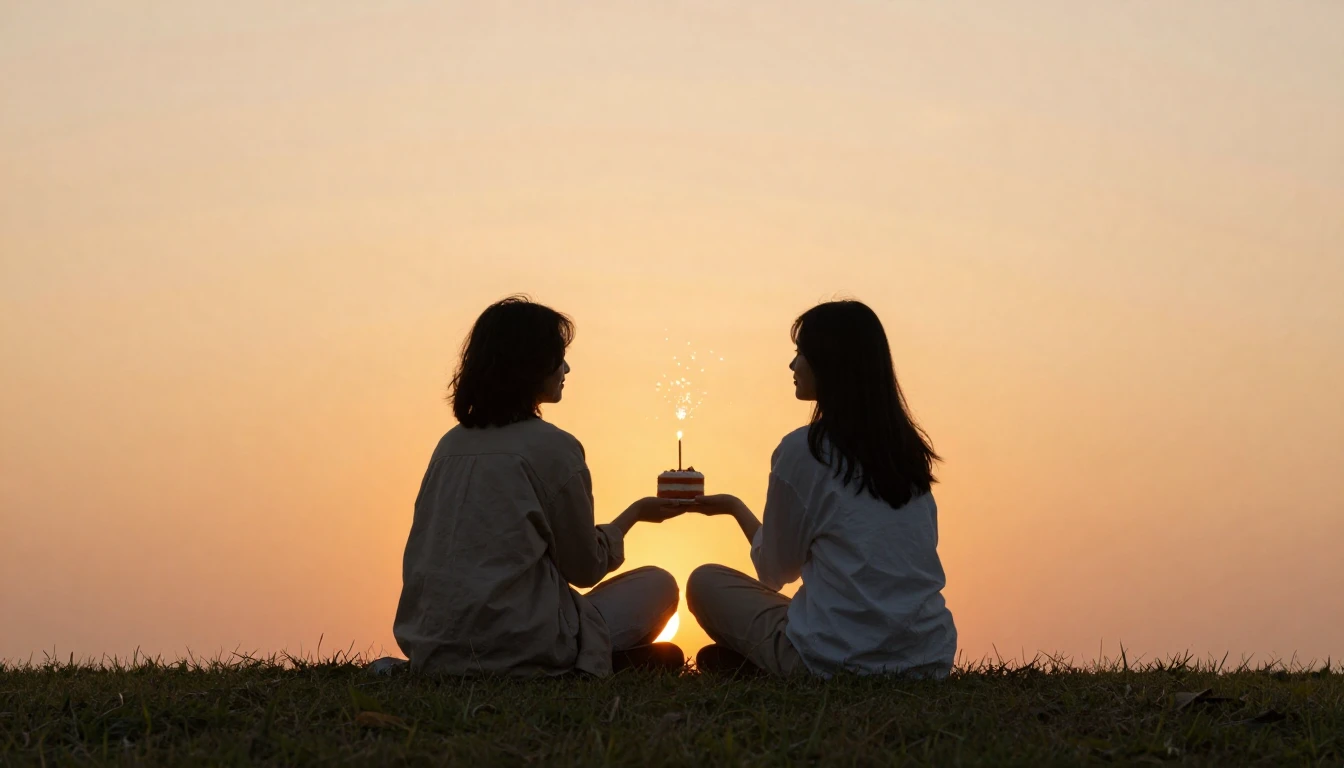Two friends sitting on a grassy hill during a golden sunset,...
