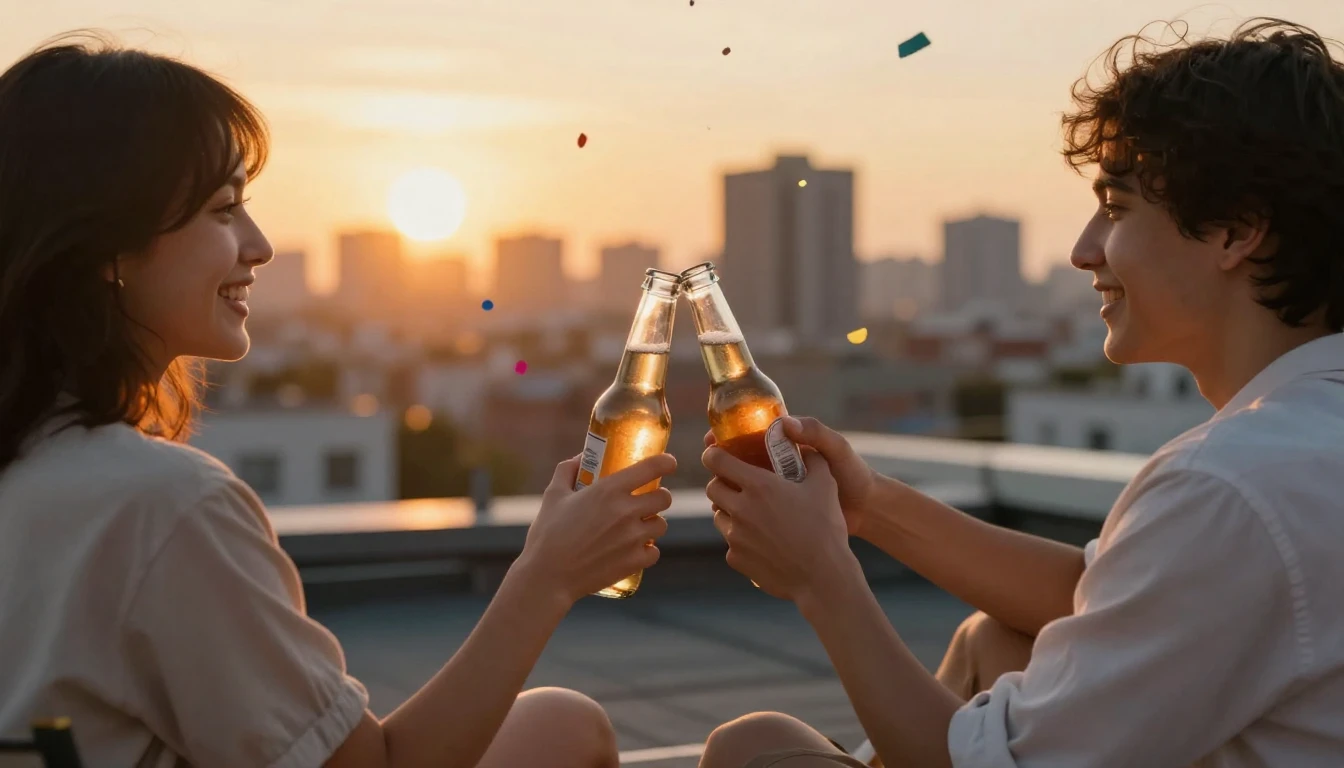 A warm and inviting scene of two friends sitting on a roofto...