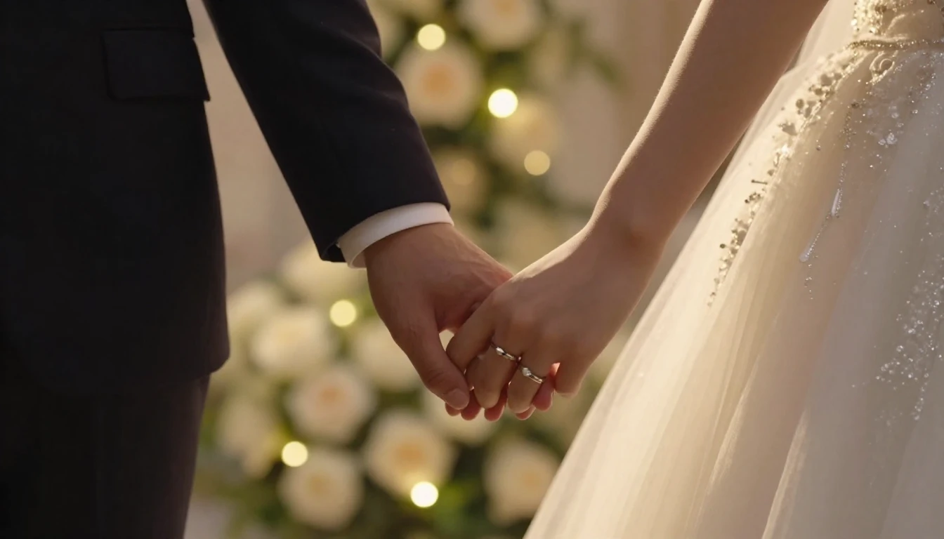 A cinematic close-up shot of a bride and groom holding hands...