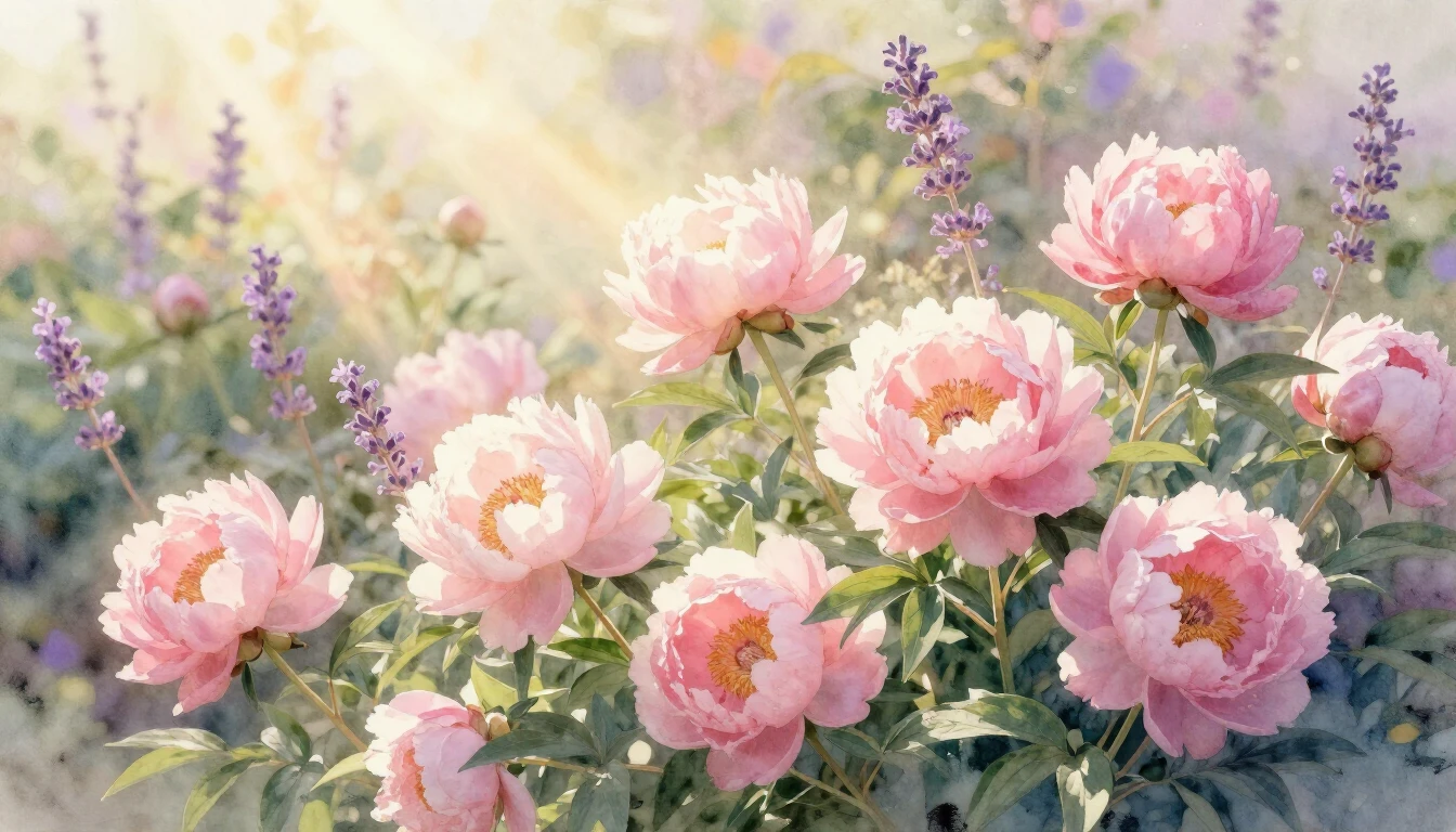 A beautiful watercolor painting of a sunlit garden filled wi...