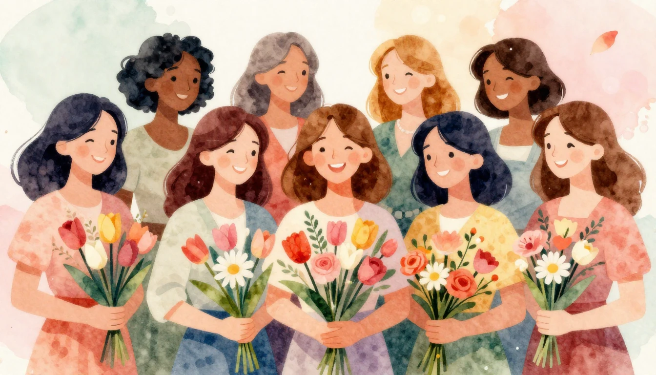 A beautiful, vibrant watercolor illustration celebrating wom...