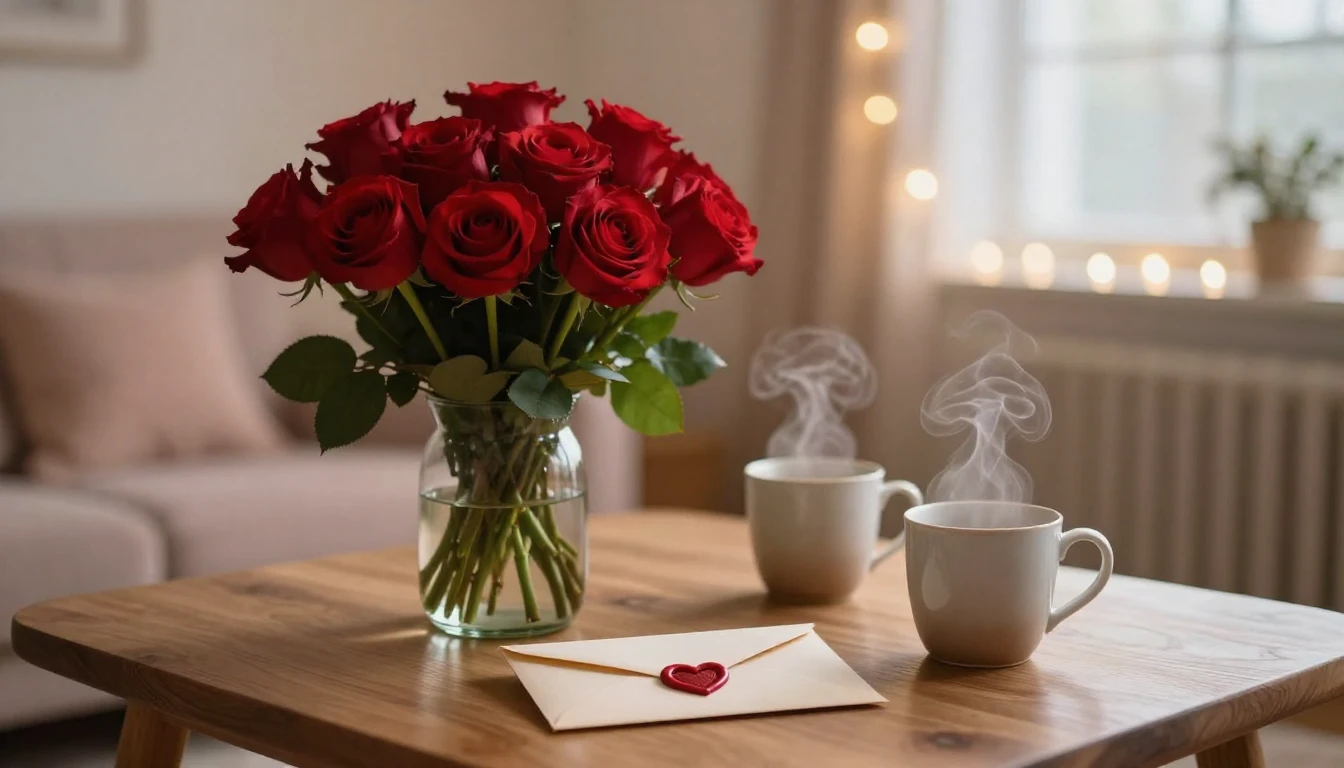 A romantic and cozy scene featuring a wooden table with a la...