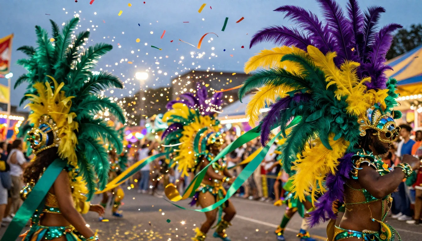 A vibrant and explosive scene of a carnival celebration. The...
