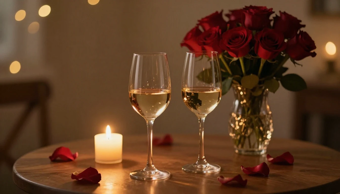 A serene and dreamlike scene featuring two elegant glasses o...