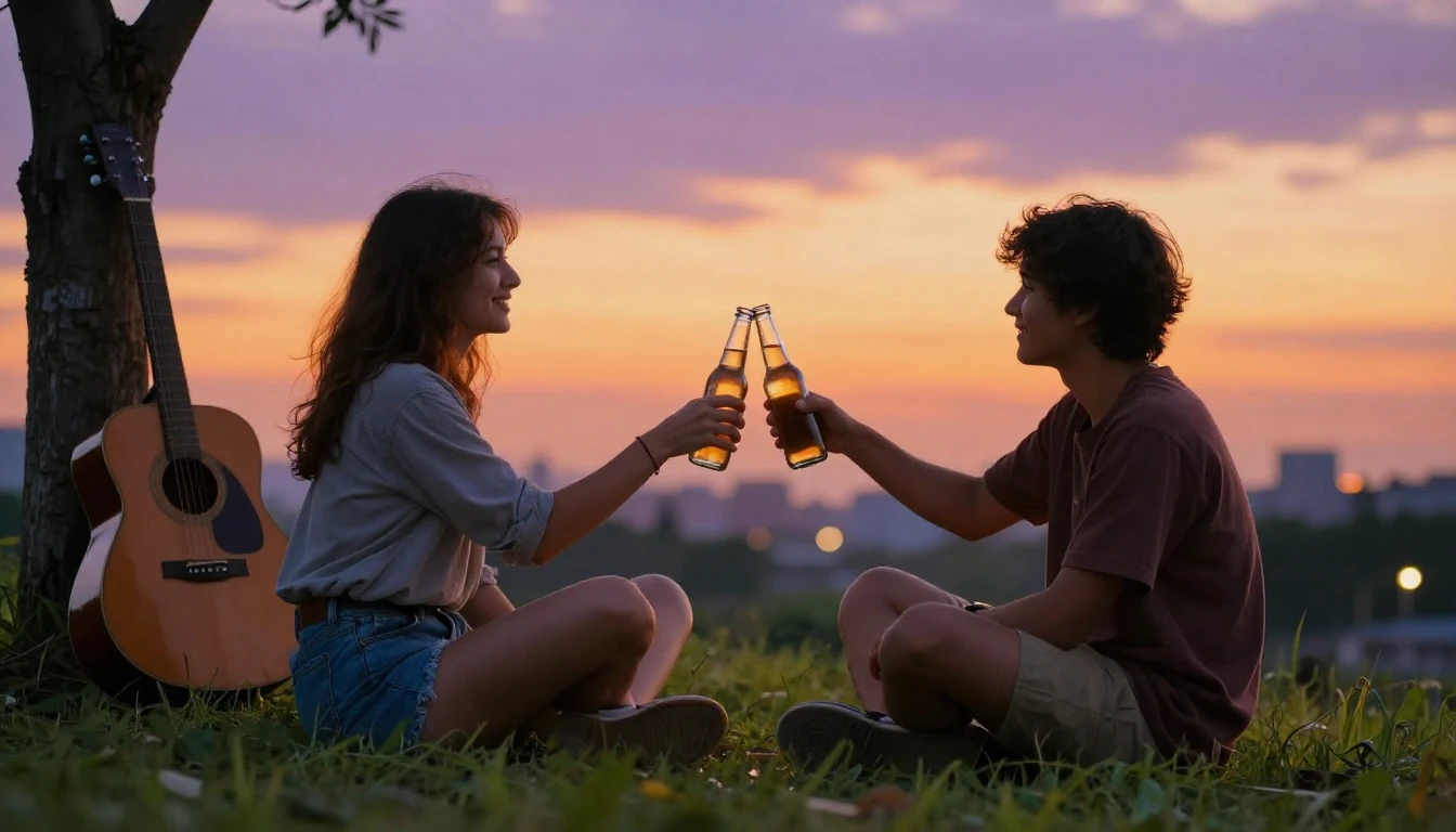 A warm and inviting scene of two friends sitting on a grassy...