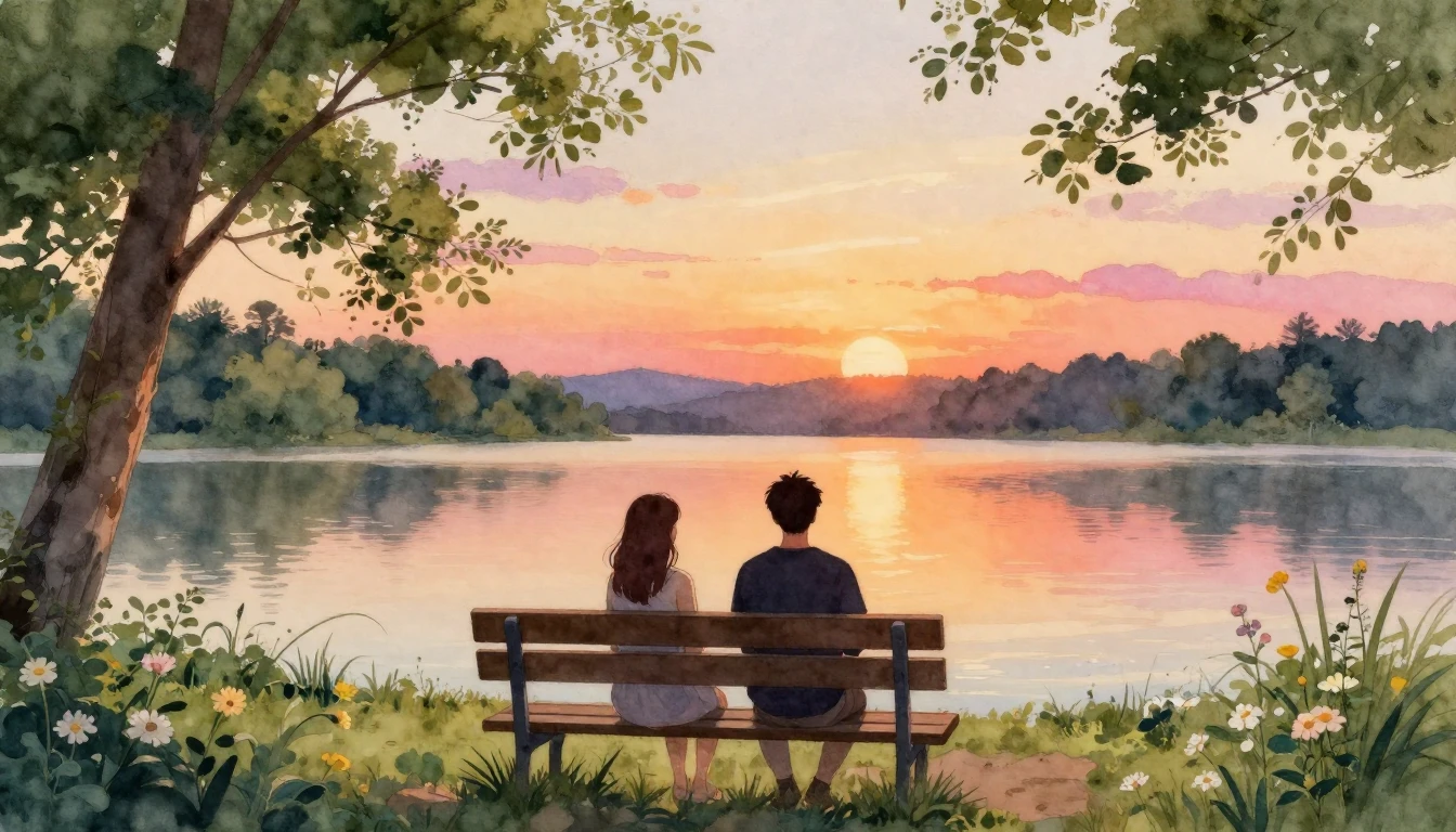 A beautiful watercolor painting depicting two silhouettes of...