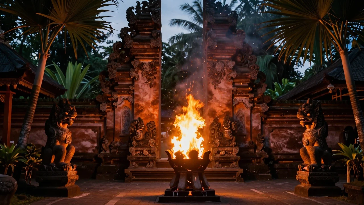 A mystical Balinese temple courtyard at dusk, illuminated by...