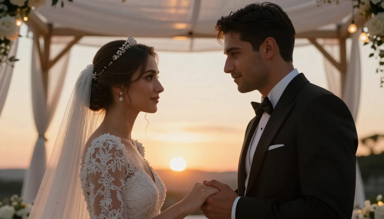 A romantic photorealistic close-up of a bride and groom hold...