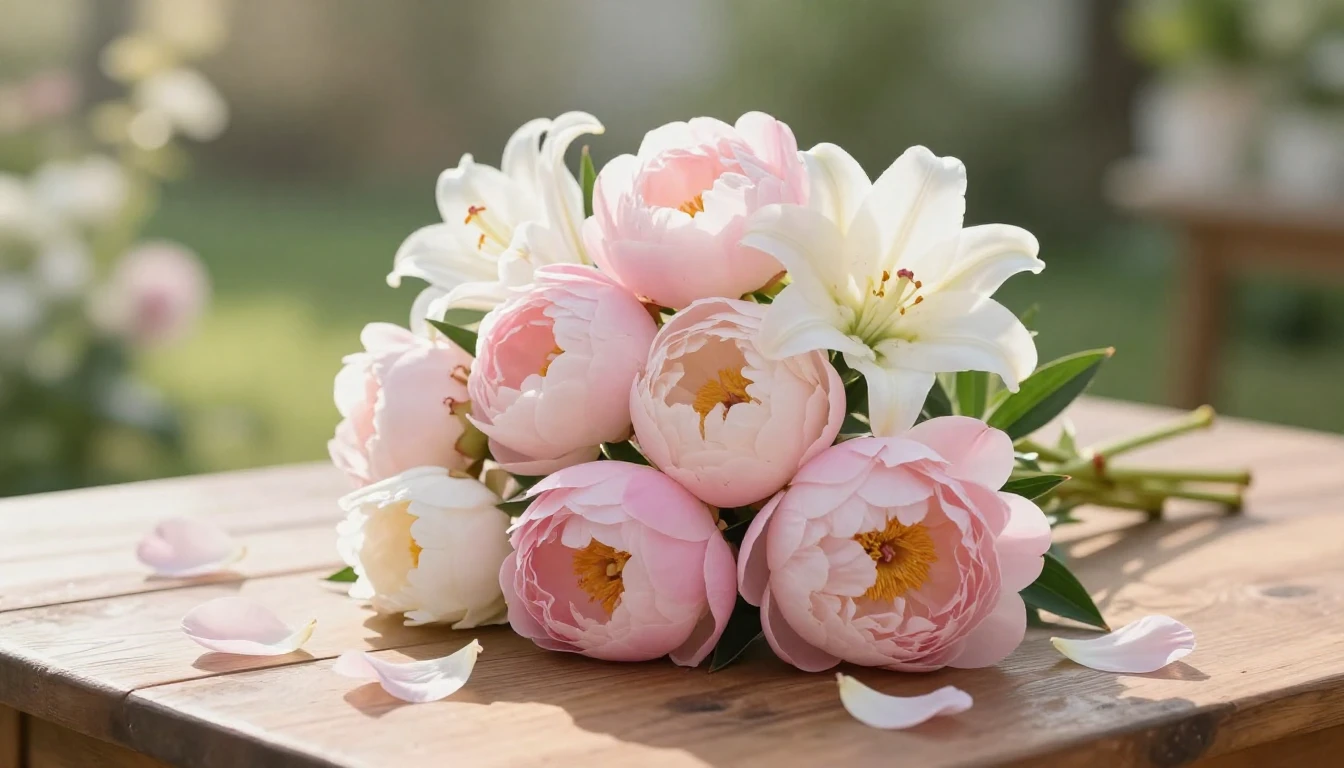 A beautiful bouquet of soft pink peonies and white lilies re...