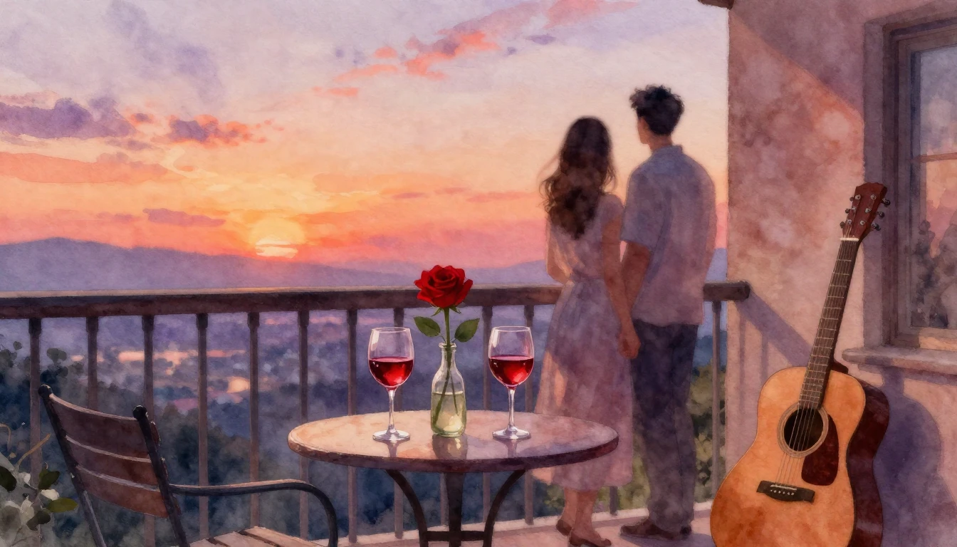 A romantic scene painted in soft watercolor style. A cozy ba...