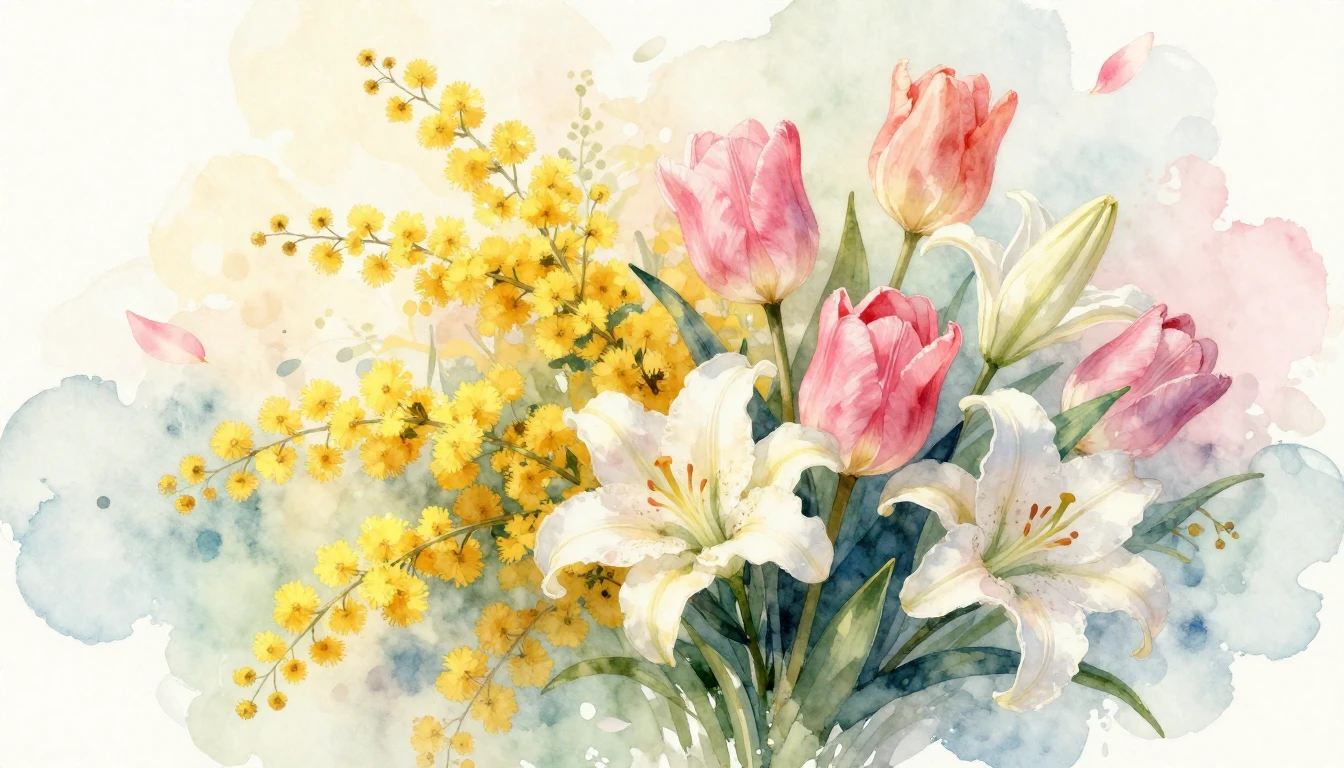 An exquisite watercolor illustration featuring a lush bouque...