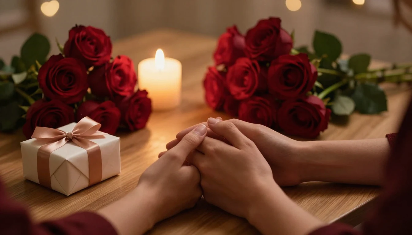 A romantic and intimate scene featuring a cozy wooden table ...