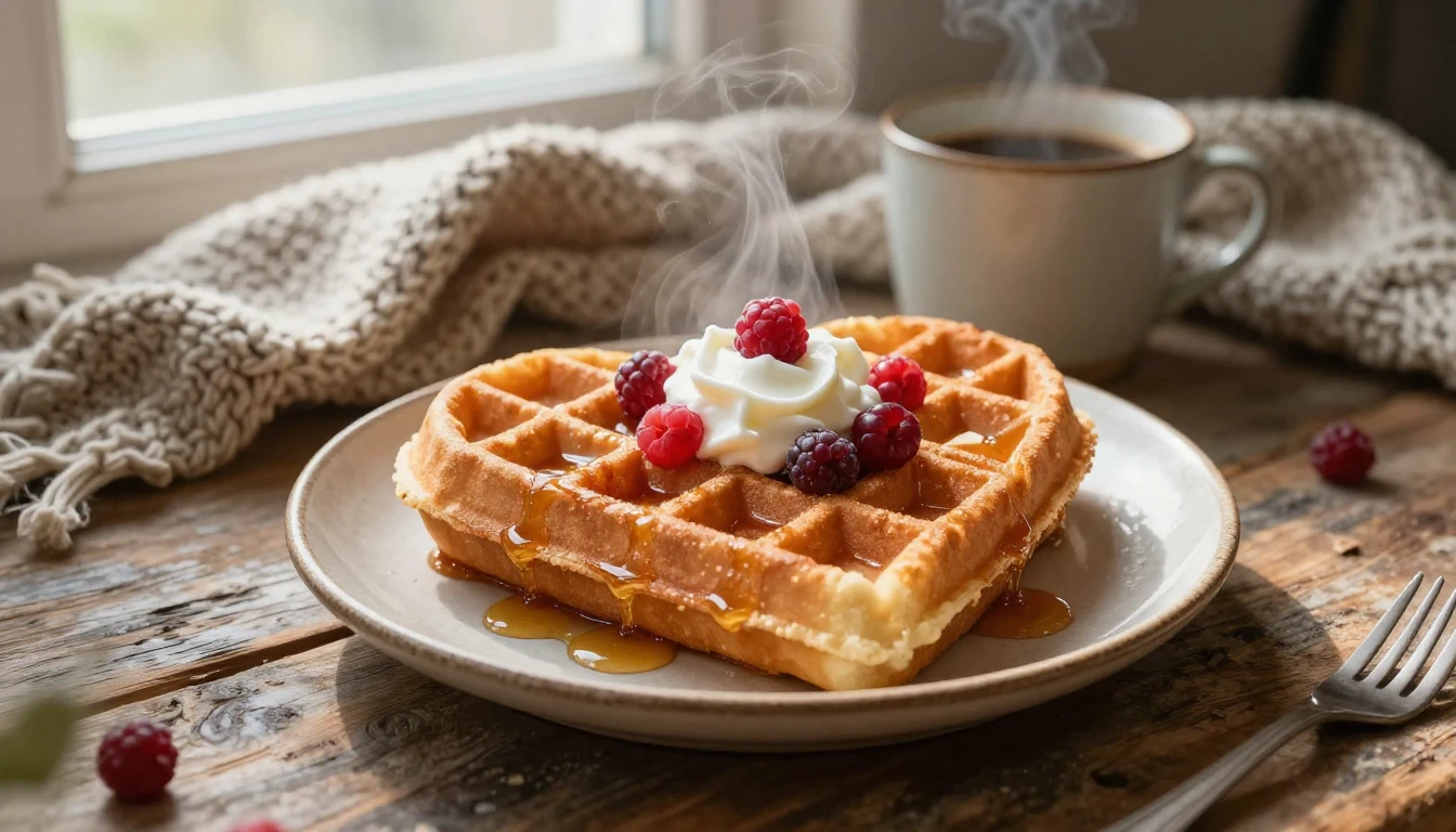 A steaming, heart-shaped waffle sits on a rustic ceramic pla...