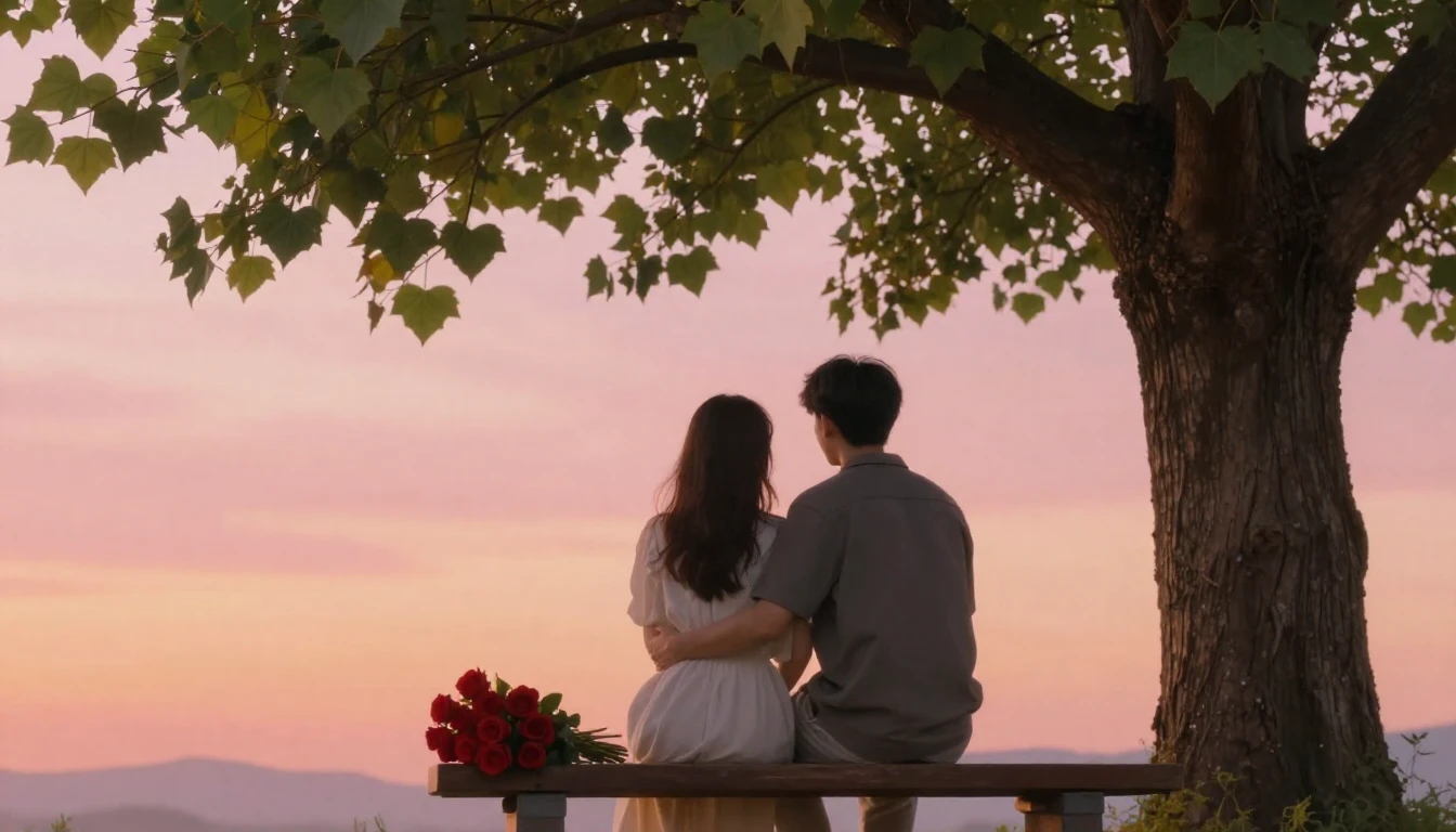 A romantic and dreamy scene of a couple sitting on a wooden ...