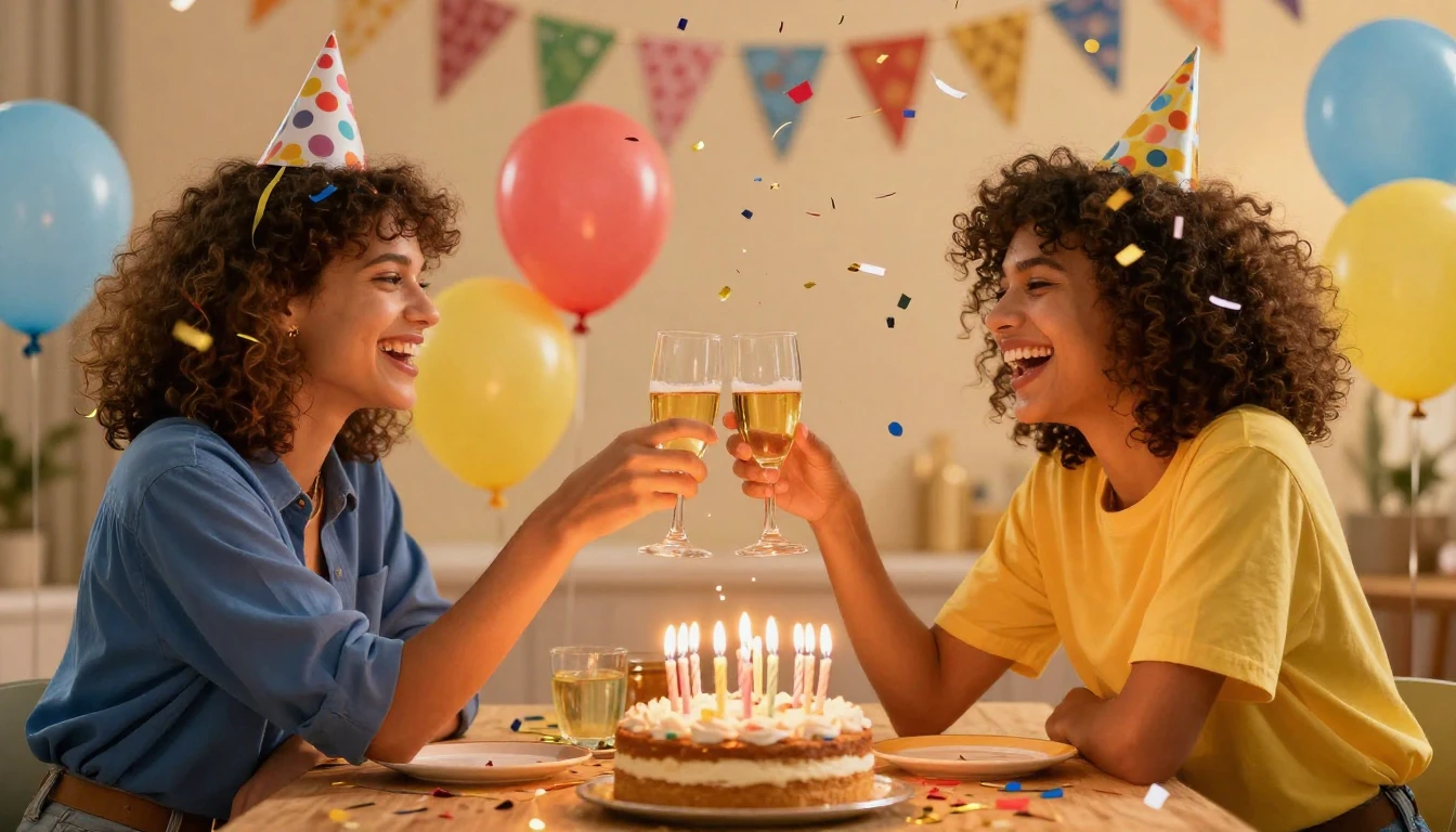 A joyful and vibrant scene showing two best friends clinking...