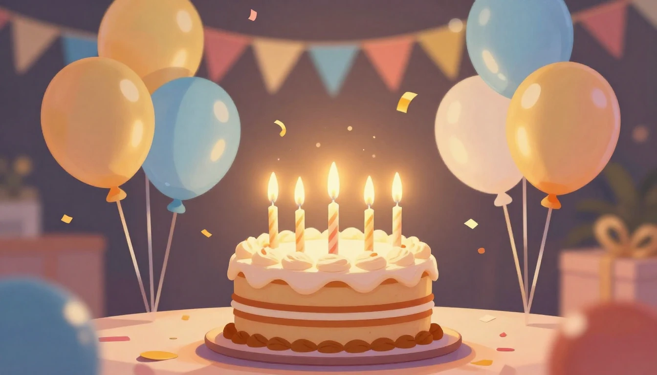 A warm and festive illustration celebrating a birthday. In t...