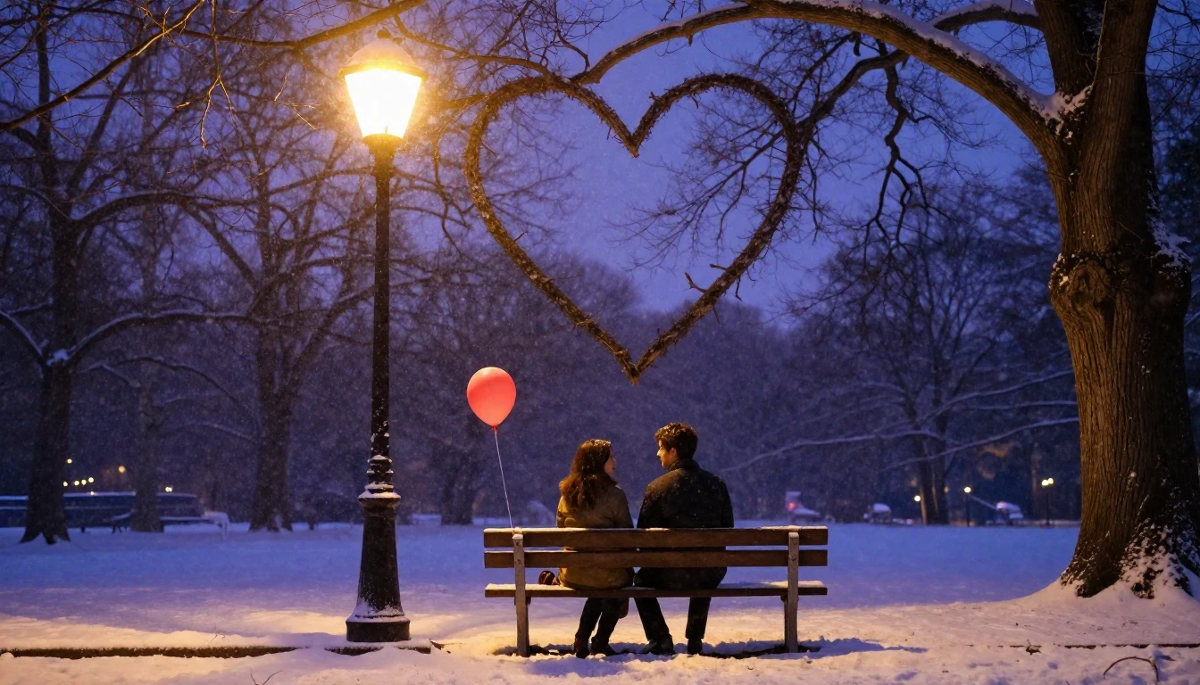 A soft and romantic scene of a couple sitting on a wooden be...