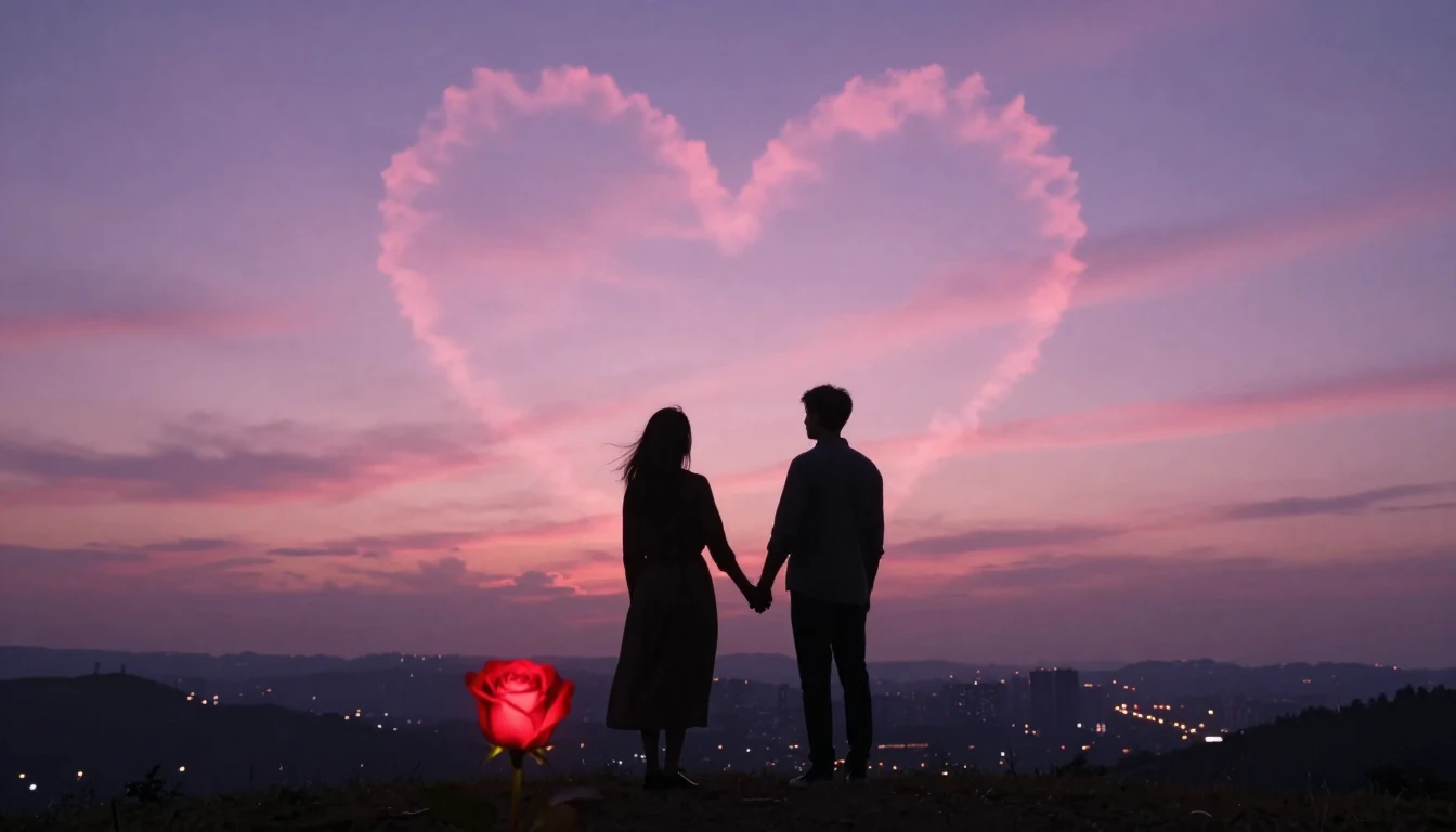 A romantic and surreal scene featuring two silhouettes holdi...