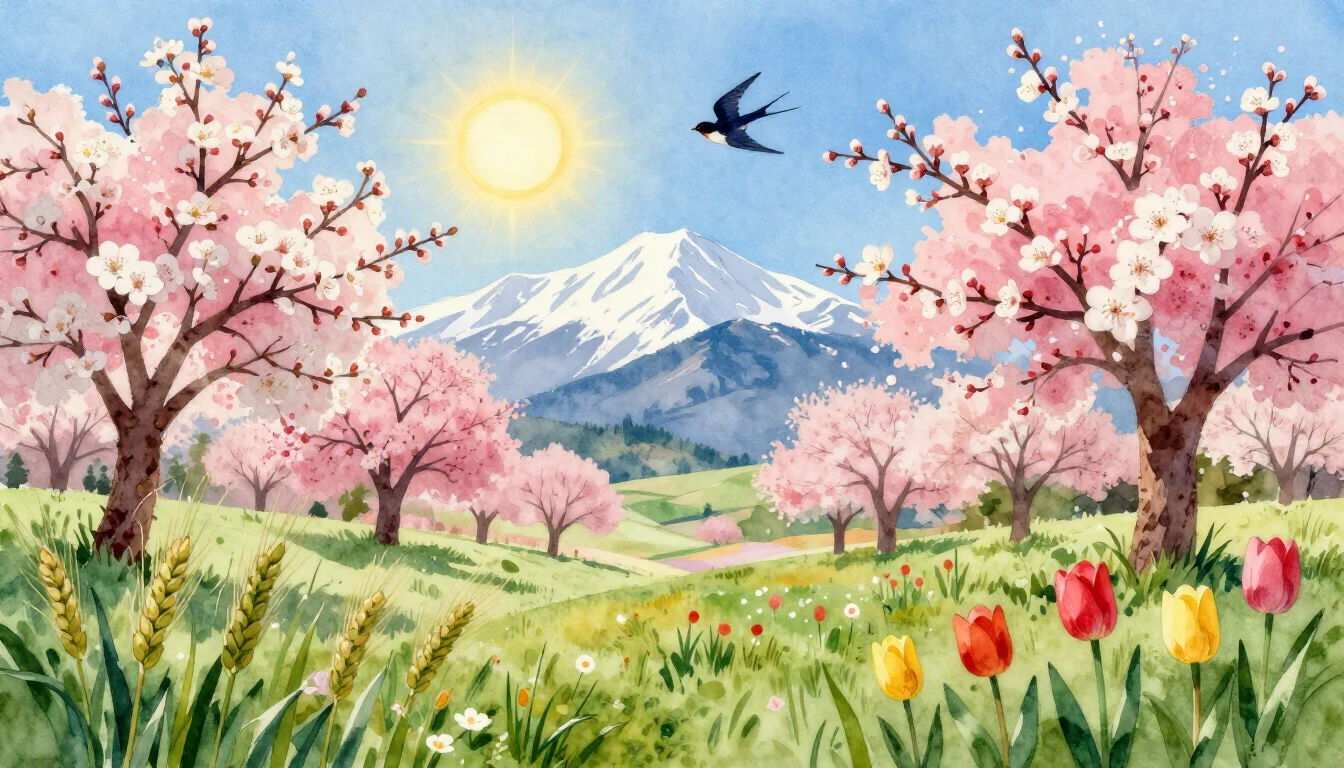 A vibrant and airy watercolor painting celebrating the arriv...