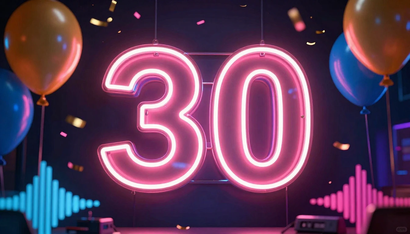 A vibrant and celebratory image featuring a large, glowing n...