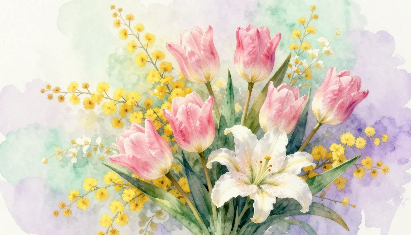 A delicate watercolor painting of a lush spring bouquet feat...