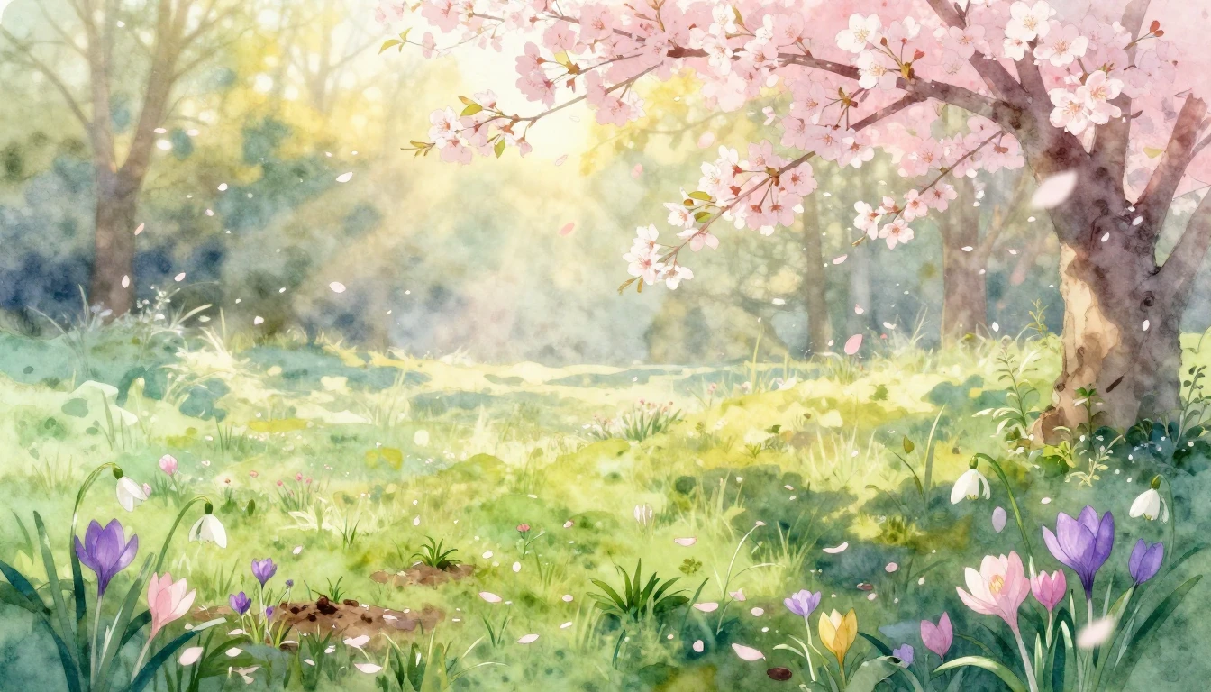 A soft watercolor painting of a serene meadow at sunrise. De...