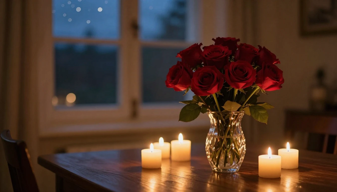 A romantic and cozy indoor setting during twilight. A wooden...