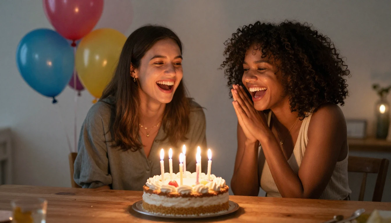A joyful birthday celebration scene with two close friends l...