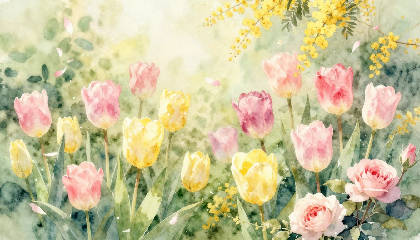 A beautiful watercolor painting of a lush spring garden fill...