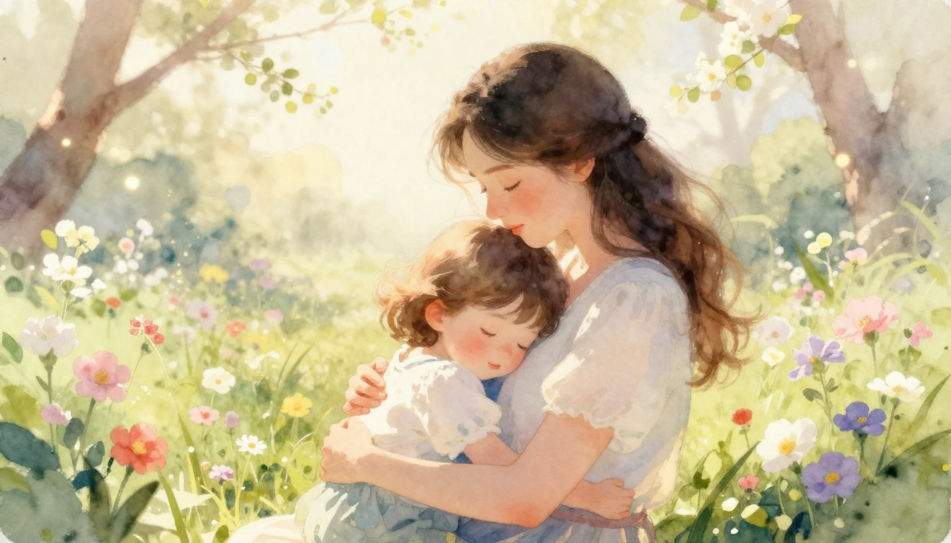 A beautiful, warm watercolor painting of a loving mother gen...
