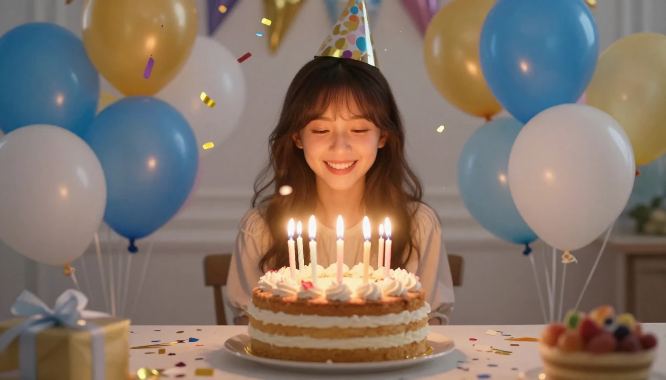 A vibrant and colorful birthday celebration scene. In the ce...