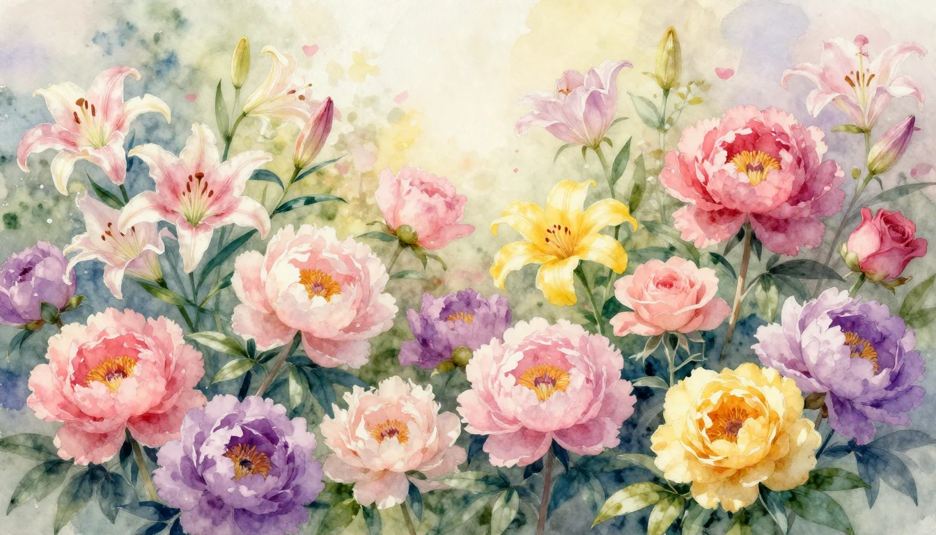 A vibrant watercolor painting depicting a lush garden in ful...
