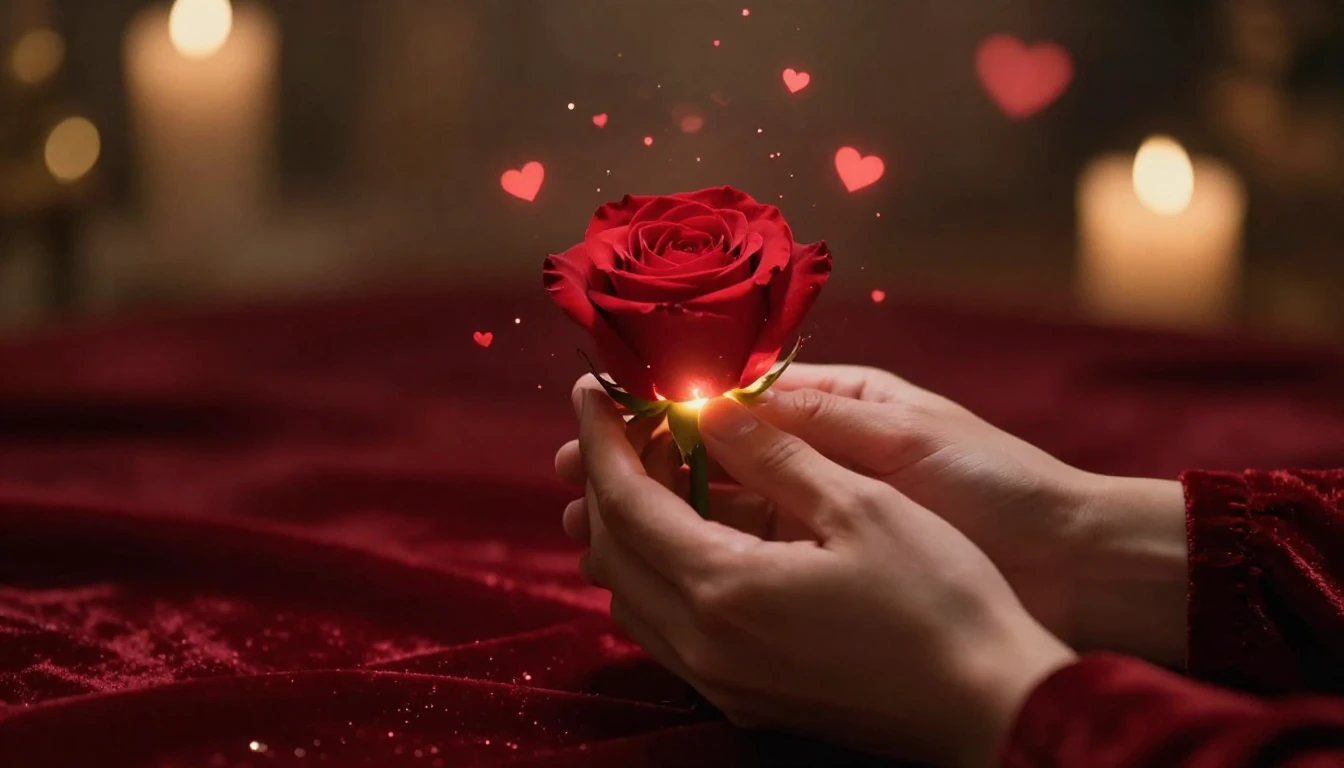 A cinematic, romantic scene for Valentine's Day. Close-up of...