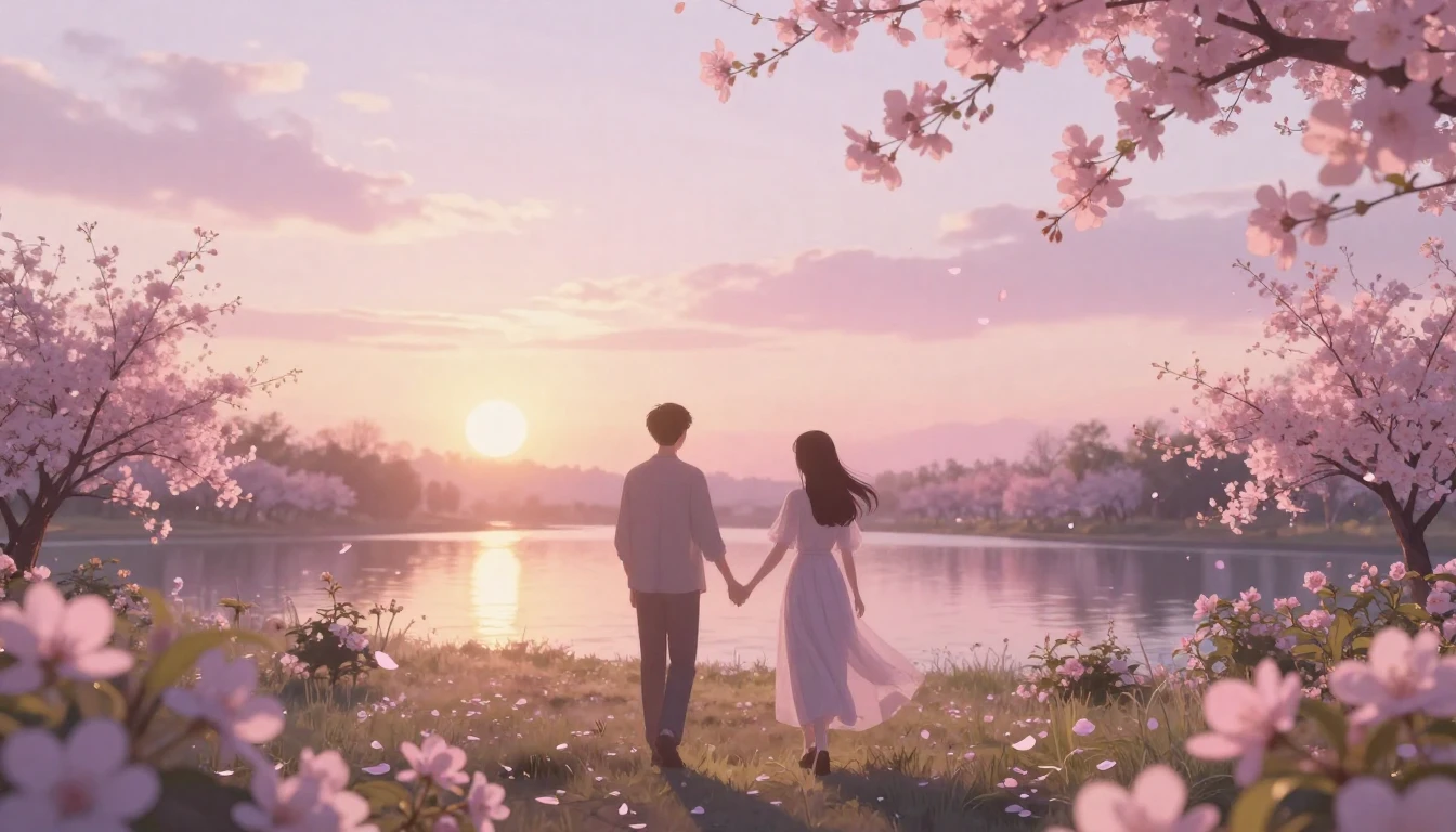 A beautiful, ethereal scene of two silhouettes walking hand-...